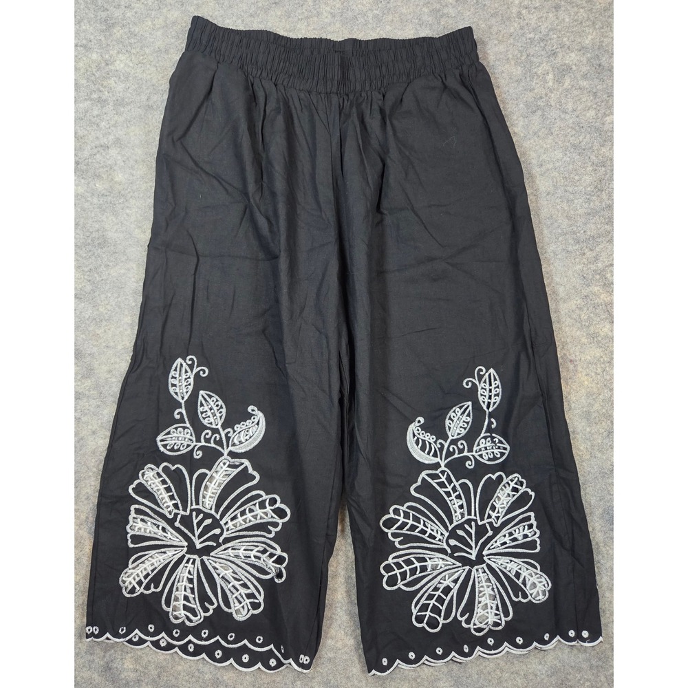 Christian Siriano Black Linen Blend Floral Embroidered Wide Leg Crop Pants 1X